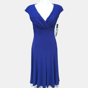 American Living Cobalt Blue V Neck Cap Sleeve Wrap Front Midi Dress Size 6